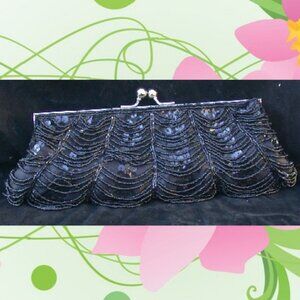 INS Black Sequin and Beaded Evening Handbag Small Clutch Purse
